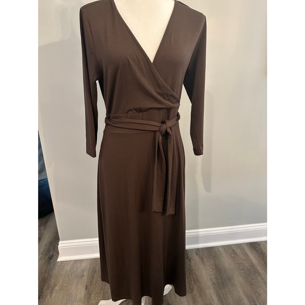 Eddie Bauer Brown Faux Wrap Midi Dress Large Tie Waist Stretch Office Travel